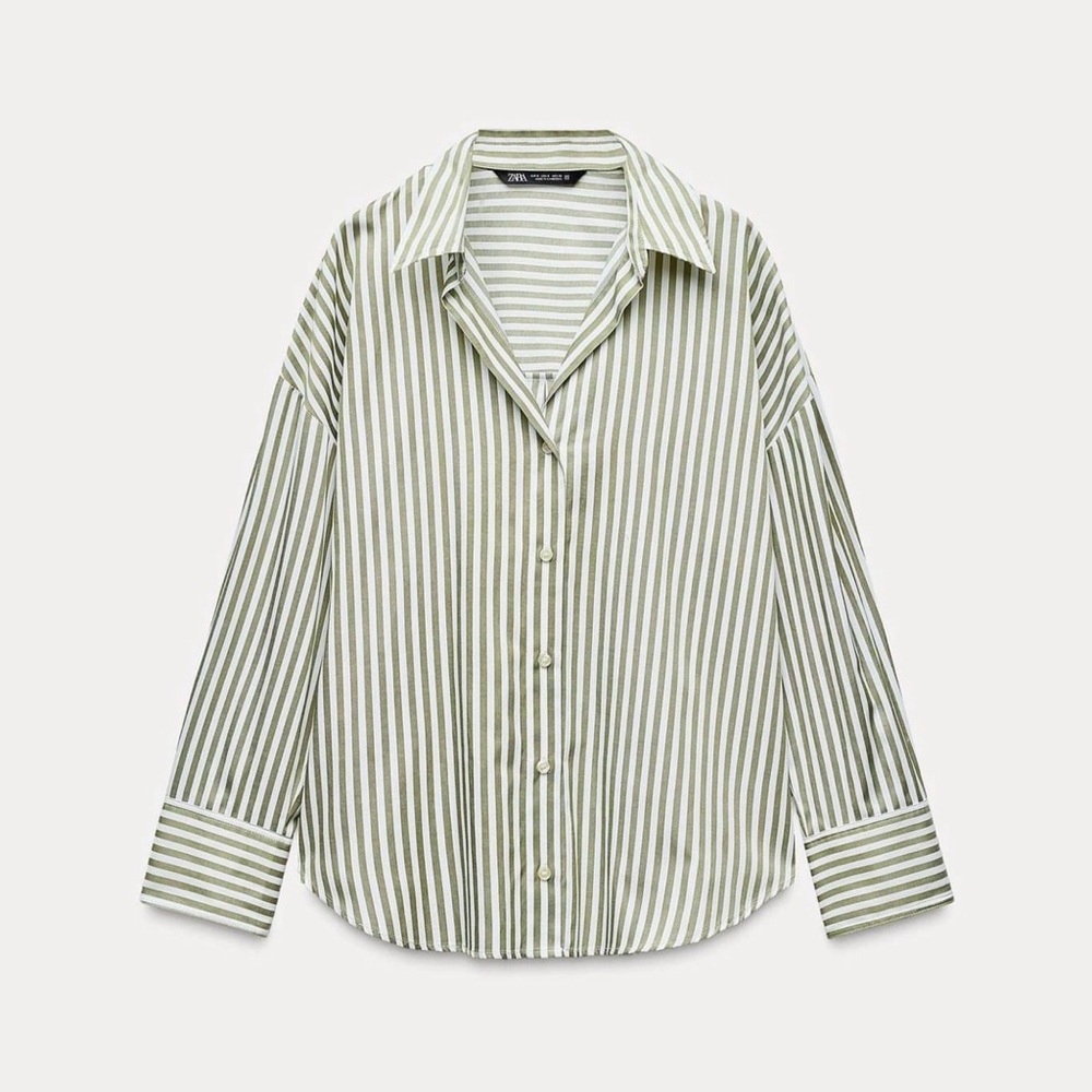 Zara Oversize Striped Poplin Shirt in light lime green and white